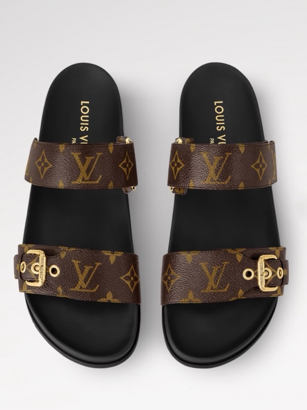 Louis Vuitton Brown Monogram Double-Strap Slides with Gold Buckles